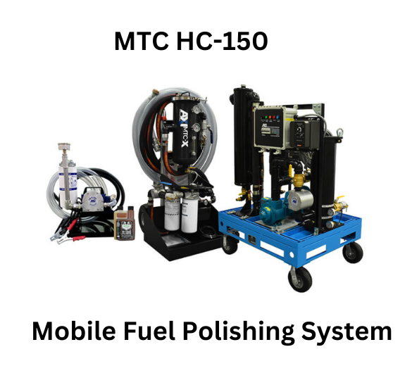 MTC HC-150 Mobile Fuel Polishing System with various components including hoses, filters, and control panel on a blue wheeled cart